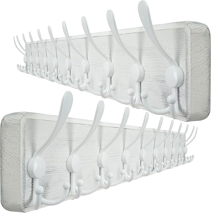 WEBI Coat Rack Wall Mounted,38 9/16" Long,10 Triple Hooks,Wood Coat Hooks Wall Mount,Large Coat Hanger Wall,Hook Rack,Tri Hooks for Hanging Coats,Clothes,Jacket,Entryway,Rustic White,2 Packs