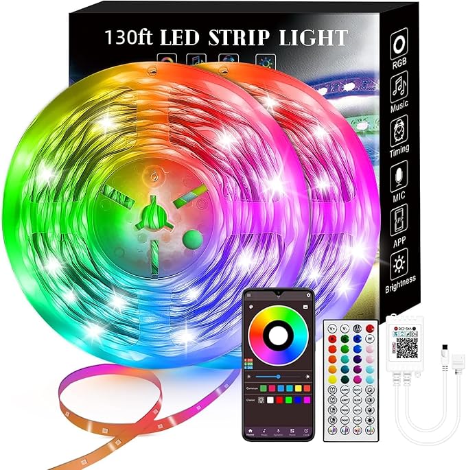 130Ft LED Strip Lights (2 Rolls of 65ft), RGB Color Changing Music Strip Lights with APP Control for Bedroom, Living Room, Kitchen, Party Decoration