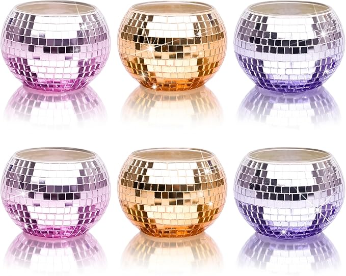 Tealight Candle Holder Set of 6, Grandient Mosaic Candle Holders Stained Glass Votive Candle Holder, Colorful Disco Ball Tealight Holder for Birthday Party, Weding Centerpieces, Home Decor