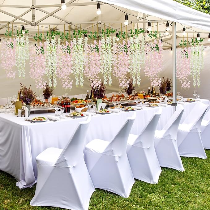 Giegxin 24 Pcs Artificial Wisteria Hanging Flowers 3.6 ft Artificial Fake Wisteria Vine Rattan Hanging Garland Silk Flowers String for Wall Home Wedding Party Greenery Decorations (Pink,White)