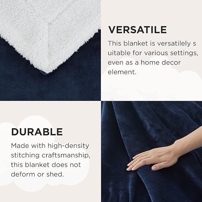 Bedsure GentleSoft Sherpa Fleece Throw Blanket Twin Size for Couch - Thick and Warm Throw for Women and Men, Soft Fuzzy Plush Twin Blanket for Winter, Navy, 60x80 Inches