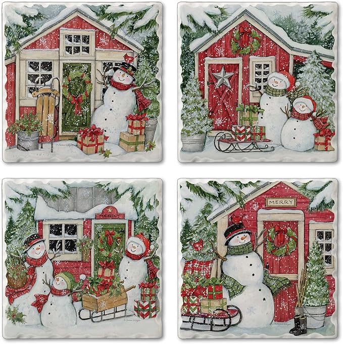 Thirstystone Snowman's Farmhouse 4 Pack Assorted Tumbled Tile Stone Coasters with Protective Cork Backing 4" Square Manufactured in The USA