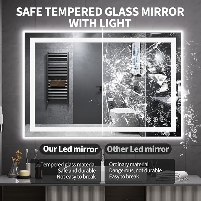 Koonmi 32x48 LED Bathroom Mirror, Backlit + Front Lit, LED Bathroom Mirror with Lights for Wall, 3 Colors, Anti-Fog, Dimmable Brightness, Memory Function, Tempered Glass