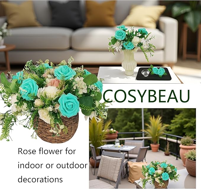 Artificial Rose Flowers 25pcs, Turquoise Blue Foam Fake Rose Faux Flower for Wedding Bouquets Bridal Shower Centerpieces Floral Arrangements Home Decorations Party Backdrops Table