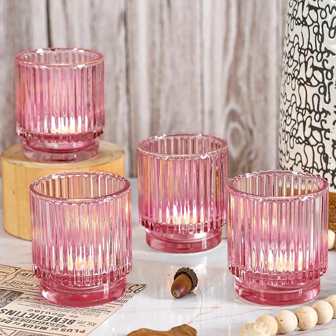 Vintage Ribbed Pink Glass Tealight & Votive Candle Holders (Set of 12) - Wedding, Bridal Shower Party Table Decor, Fall, Boho, Shelf Decoration