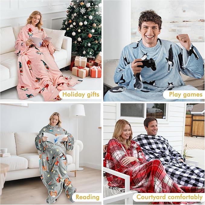 Catalonia Wearable Fleece Blanket with Sleeves and Foot Pockets for Adult Women Men, Micro Plush Comfy Wrap Sleeved Throw Blanket Robe Large, Grey