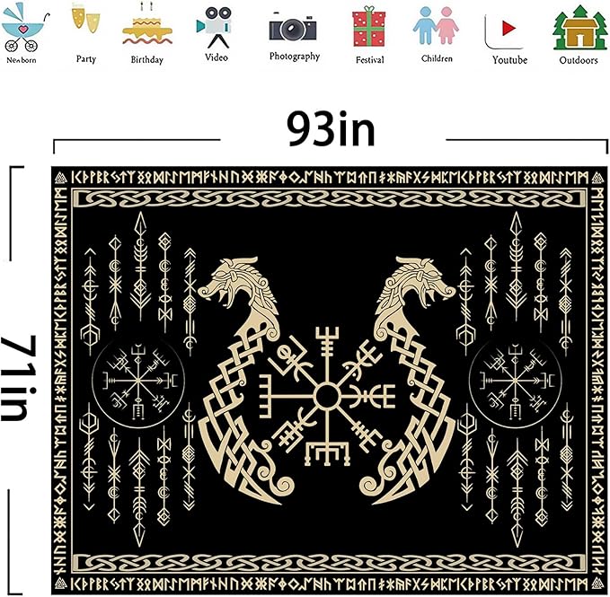 OSUNBD Nordic Vikings Tapestry, Large 9371 inches Soft Flannel, Vegvsir Symbol Twins Dragons Celtic Rune Scandinavian Aesthetic Mythology Tapestry Wall Hanging for Bedroom Living Room Decor