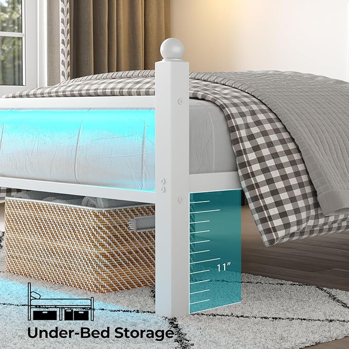 Full Bed Frame with Headboard and Footboard, Metal Bed Frame with Charging Station and LED Lights, Under Bed Storage, No Box Spring Needed,Noise Free, White