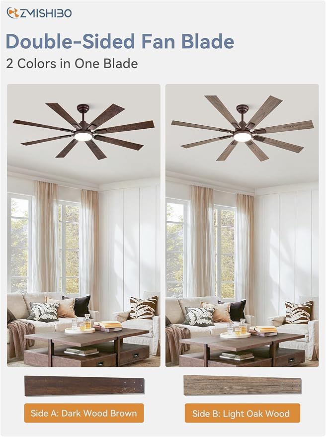 ZMISHIBO 62 inch Oil Bronze Farmhouse Ceiling Fan with Light and Remote, Indoor/Outdoor Rustic Brown Ceiling Fan for Living Room Patio, 6 Speed Reversible Quiet DC Motor, 3 CCT, Dual Finish 8 Blades
