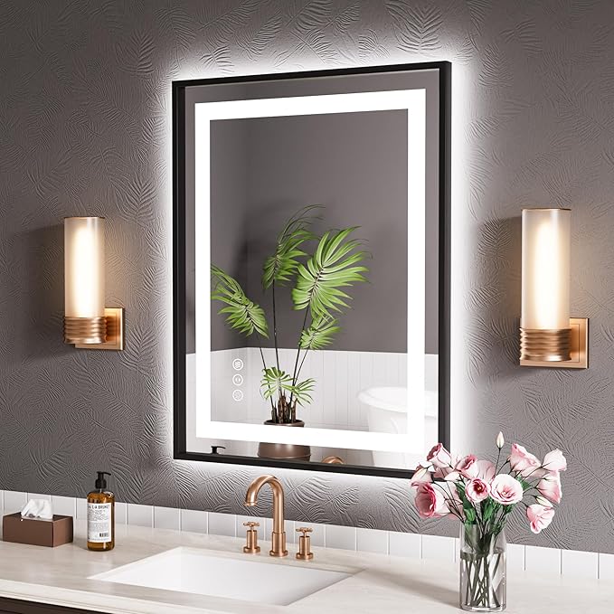 LED Bathroom Mirror,28"x36" Mirror with Black Frame, Front Light and Backlit, Stepless Dimmable, Anti-Fog, Shatter-Proof, Memory, 3 Colors, Double LED Vanity Mirror