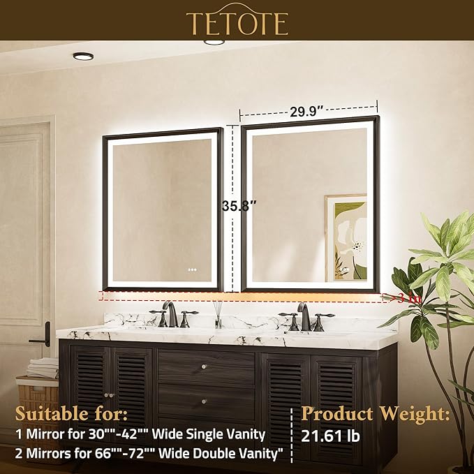 TETOTE Gold Bathroom LED Mirror with Lights 30x36 Frontlit & Backlit Vanity Framed Mirror Baroque Anti Fog Stepless Dimmable White/Warm/Natural,CRI90+,Waterproof,Wall Mounted(Horizontal/Vertical)