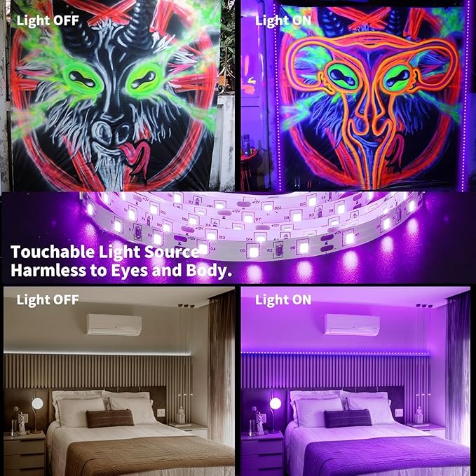 Upgraded 16.4ft/5M LED Black Light Strip Set with Remote, 300 LEDs, 12V Self-Adhesive Dimmable Black Light Fixture, for Dance Parties, SMD2835 LED Lamp Beads, Non-Waterproof