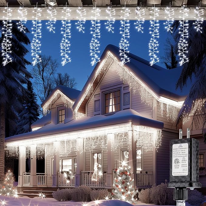 Brightown Cluster Icicle Lights for Outside, 20Ft 1125 LED Christmas Lights Outdoor with 30 Drops, Icicle Christmas Light with Timer Function for House Roofline, Pure White