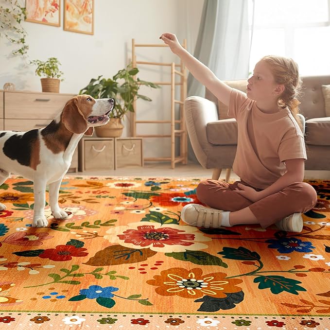 Floral 6x9 Area Rug Machine Washable Soft Print Boho Carpet Non Slip Doormat Low Pile Flower Area Rugs for Living Room Bedroom Nursery Kitchen Dining Room Indoor-Yellow/Orange