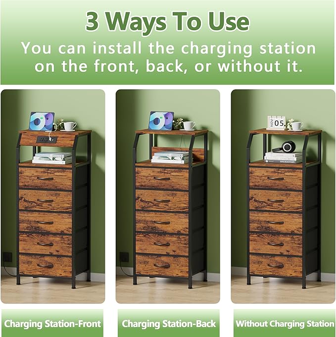 Furnulem 5 Drawers Dresser with Charging Station, Tall Night Stand with Storage Shelf, Fabric Chest of Drawers, Bedside Table for Closet, Entryway, Bedroom Furniture, 3 Ways to Use, Rustic Brown