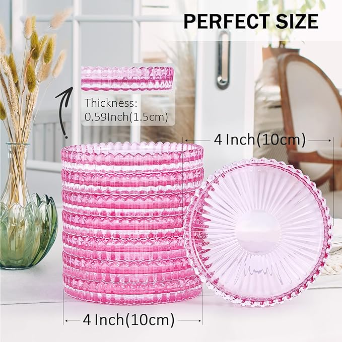 Glass Candle Holders, GOH DODD Set of 8 Crystal Pillar Plates Modern Coasters for Drinks, Centerpiece, Home Decor, Kitchen, Living Room, Patio, Wedding, Halloween, Christmas, Party, Clear Pink