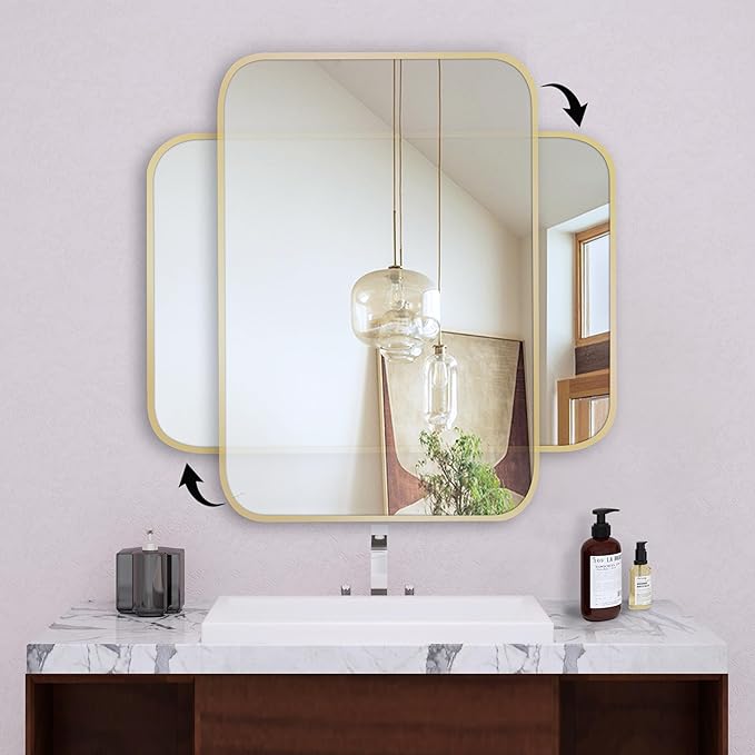 16"x20" Brushed Gold Mirror for Wall, Bright Gold Rounded Rectangle Mirror with Metal Frame Hanging for Bathroom Entryway Vanity,Living Room,Bedroom,Vertical or Horizontal
