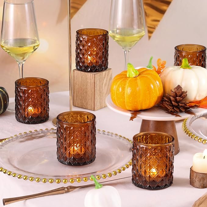 12Pcs Large Votive Candle Holders 2.8 * 3.2in Amber Tea Light Candle Holders Glass Candle Holder for Wedding Table Centerpiece, Home Decor, Birdal Shower, Party, Fall Decor