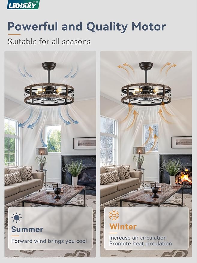 LEDIARY 20 Inch Fandelier Caged Ceiling Fan with Light, Bladeless Ceiling Fan with Remote, Small Farmhouse Fan Lights Ceiling Fixtures for Kitchen, Bedroom-Black and Gold