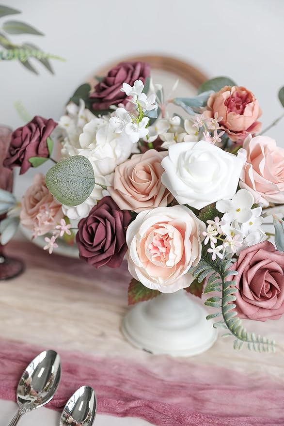 Artificial Flowers Box Set Dusty Roses Fake Silk Flowers Pink Fake Roses DIY Wedding Bridal Bouquets Baby Shower Cake Flowers Home Decoration