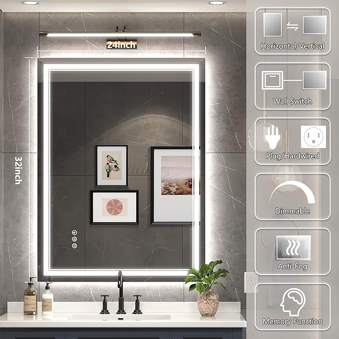 24x32 Inch Led Mirror for Bathroom with Front Light and Backlit, Dimmable Anti Fog Wall Bathroom Mirror with Led Lights, Water Proof, Decor Vanity Mirror