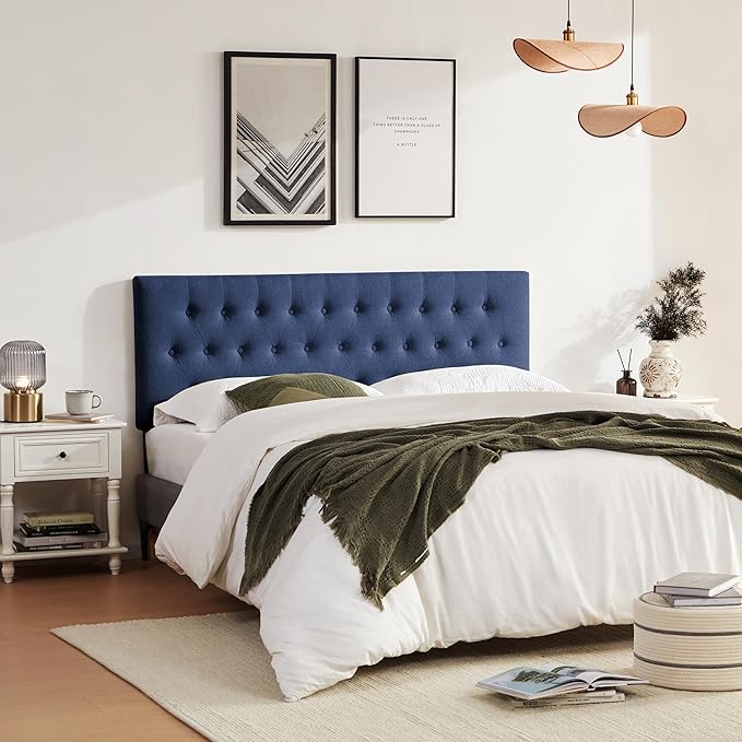 Tufted Upholstered Headboard Queen Size, Solid Wood Head Board with Metal Legs, Adjustable Height Bed headboard from 37" to 51" Fabric Headboard in Modern Button Design, Blue