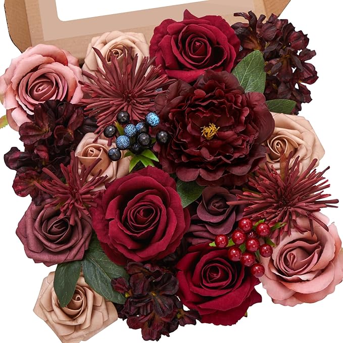 Alecono Artificial Flowers, Burgundy Silk Fake Flowers for DIY Wedding Bridal Bouquets, Red Cake Flowers for Wedding Table Centerpieces Birthday Party Home Decorations