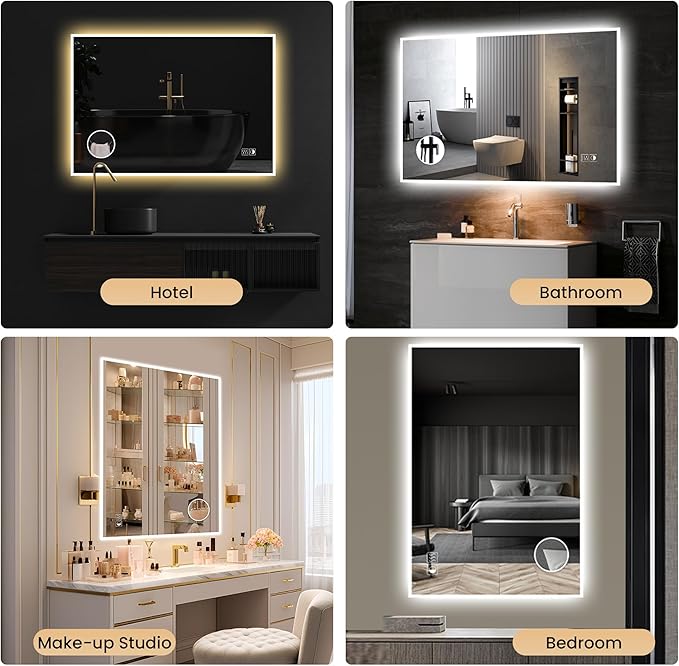 Led Mirror for Bathroom, 40x32 Inch Lighted Mirrors with 10X Magnification and Shaver Charging Port, Anti-Fog, Memory Function, 3 Color Temperature, Dimmable Led Backlit Mirror, Horizontal/Vertical