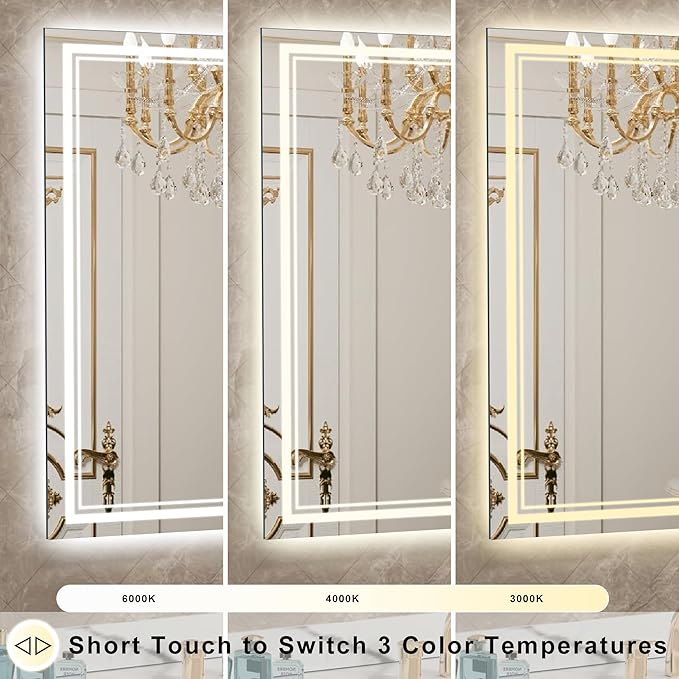 36''x24'' Lighted Mirrors for Bathroom Wall Backlit + Front Lit, Rectangular LED Bathroom Mirror Frameless with Lights Anti Fog, Dimmable, 3 Colors,Tempered Glass, Shatter-Proof (Color 1,)