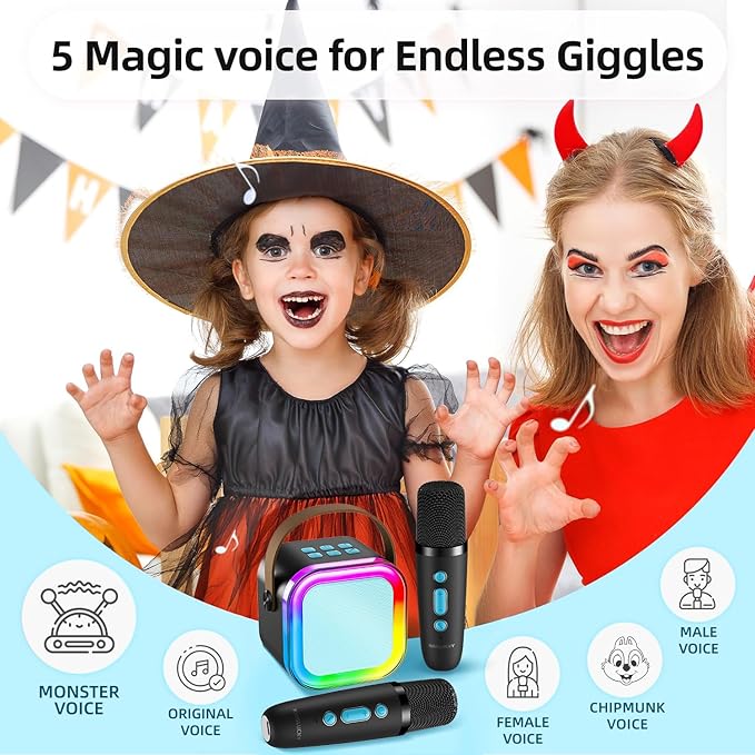 Kinglucky Mini Karaoke Machine for Kids, 2025 TOP Birthday Gifts Ideas for 3-12 Year Old Girls, Christmas Party Gifts Kids' Personal Video Players Accessories with 2 Wireless Microphones-Black & Blue