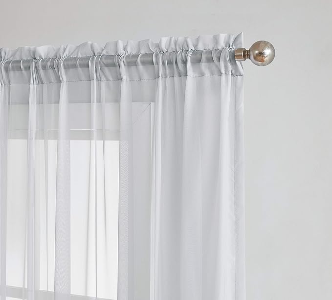 LINENZONE Pair of 2 Rod Pocket Short Window Treatments. Great Farmhouse Style Sheer Curtains for Living Room, Bedroom, Dining Room, Patio or Canopy Bed. (Amazing Sheers - 56" W x 40" L, Silver)
