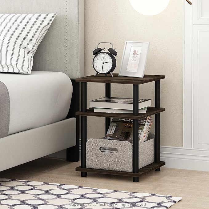 Furinno TURN-N-TUBE Side Table, 3-Tier End Table, Open Shelves Nightstand, Night Stand, Bedside Table, Easy Assembly, for Living Room, Bedroom, Columbia Walnut