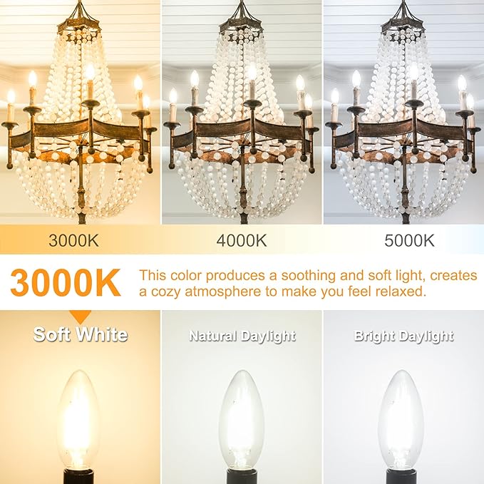 Cotanic E12 LED Bulb Dimmable 3000K Soft White, LED Candelabra Bulbs 60Watt Equivalent, Small Base Type B Light Bulbs, Candle Shape Chandelier Light Bulbs Clear Glass, 600LM, 10 Pack