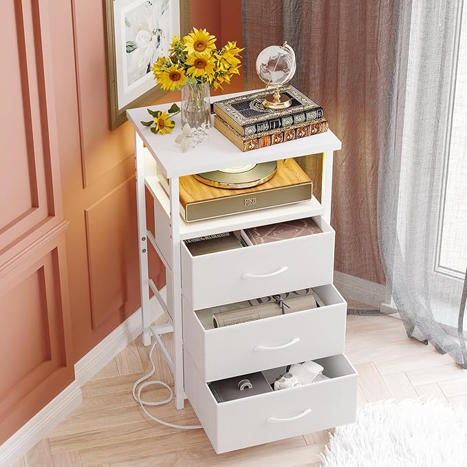 Fixwal White Nightstand with Charging Station, LED Night Stand with 3 Fabric Drawers and Open Shelf, Bedside End Table in Living Room