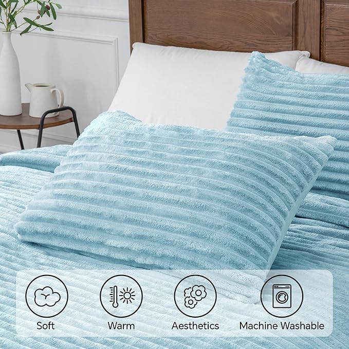 BEDELITE Fleece Full Comforter Set -Super Soft & Warm Fluffy Light Blue Bedding, Luxury Fuzzy Heavy Bed Set for Winter with 2 Pillow Cases