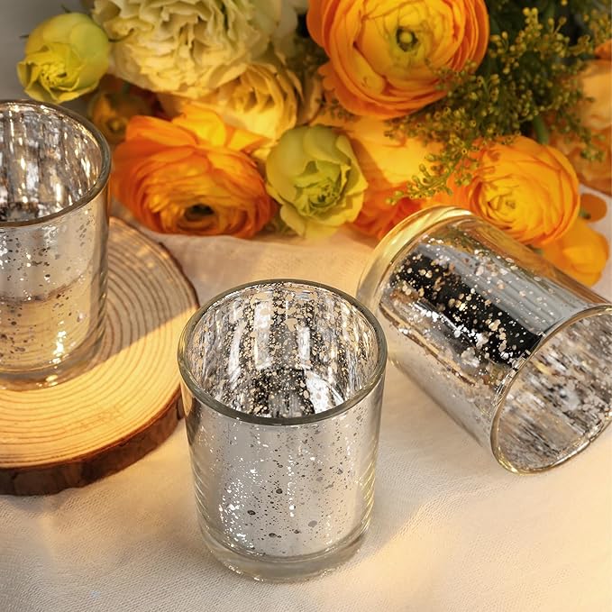 24 Pcs Silver Votive Candle Holders, Speckled Mercury Silver Glass Candle Holder Bulk for Wedding Centerpiece Table Decor, Tea Lights Candle Holder for Valentines Day Decor, Home Decor