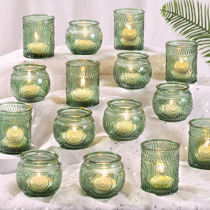 DARJEN 48Pcs Green Votive Candle Holders- Glass Candle Holders Bulk for Flameless LED Tea Waxes, Romantic Candle Holder for Wedding Decor, Various Parties & Dinner Table