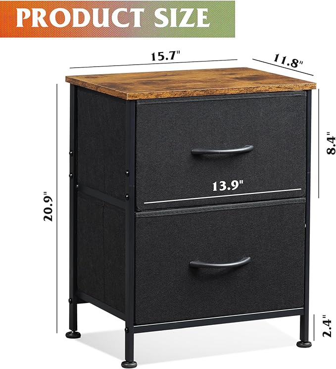 WLIVE Nightstand, 2 Drawer Dresser for Bedroom, Small Dresser with 2 Drawers, Bedside Furniture, Night Stand, End Table with Fabric Bins for Bedroom, Closet, Entryway, Black and Rustic Brown