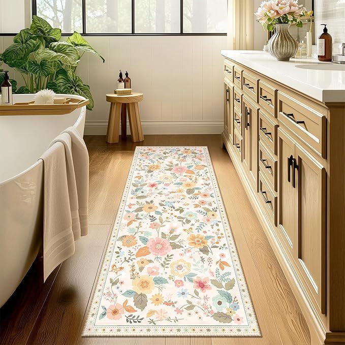 Floral 2x6 Area Rug Machine Washable Soft Print Boho Carpet Non Slip Doormat Low Pile Flower Area Rugs for Living Room Bedroom Nursery Kitchen Dining Room Indoor-Beige/White/Orange