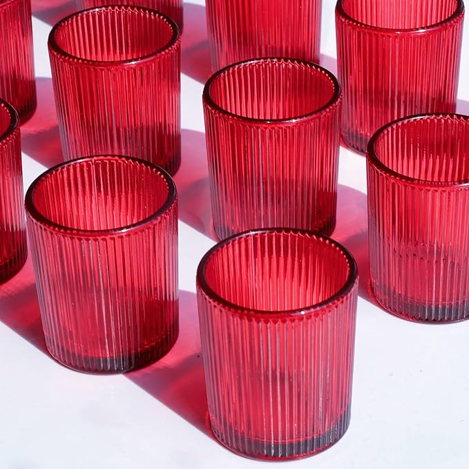 VOHO 24pcs Red Votive Candle Holders for Table Centerpiece, Ribbed Tealight Candle Holder for Christmas & Valentine's Day Decor, Vintage Glass Votive Holder for Gifts