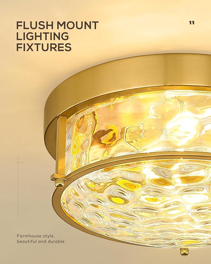 FEMILA 12" Brushed Gold Flush Mount Ceiling Light, Light Fixtures Ceiling Mount with Water Ripple Glass, for Kitchen, Bedroom, Living Room, 4FTJ22WG-F BG