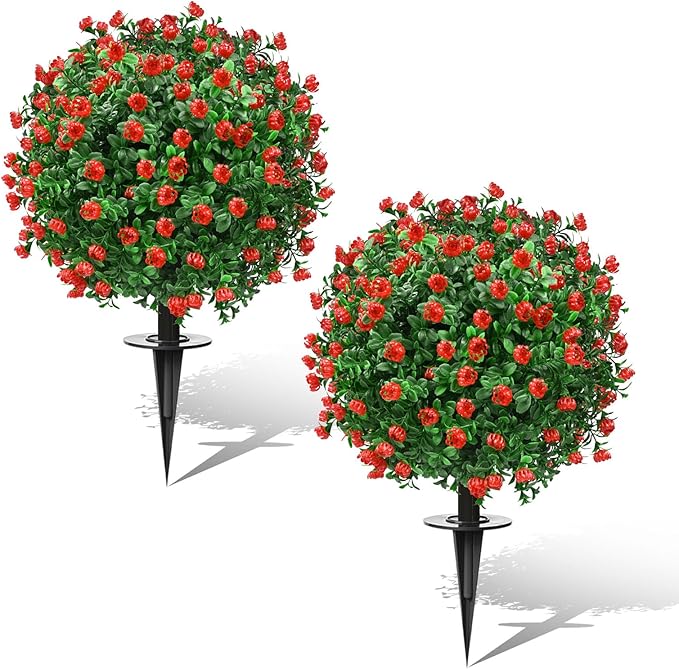 24" Artificial Topiary Boxwood Ball Tree with Ground Spike, Set of 2, UV Resistant Outside Fake Bushes Plants, Faux Cedar Balls Faux Shrubs Plastic Plants for Outdoor Indoor Front Porch Garden Decor