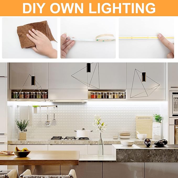 White COB LED Strip Light, Dimmable 16.4ft/5m LED Light, 6000K Daylight White 2400 LEDs High Lumen LED Tape Lights CRI 90+ with RF Remote and UL Power for Bedroom,Kitchen,DIY Home Decoration
