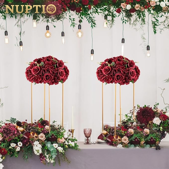 Nuptio Flower Balls for Wedding Centrepieces - 2 Pcs 15.7 inch Diameter Large Burgundy Artificial Flowers Roses Ball Fake Flower Arrangement Bouquet Faux Rose for Wedding Party Centrepiece Decorations