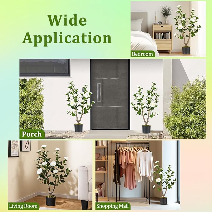 GOFLAME 3FT Artificial Camellia Tree, Faux Camellia Plant with White Flowers, Solid Wood Trunk, Realistic Moss, Greenery Potted Decoration Tree for Indoor Outdoor Home Porch Front Door