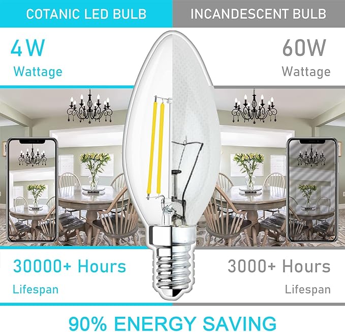 Cotanic Dimmable LED Candelabra Bulb with E12 Small Base, C35 Ceiling Fan Light Bulbs, 5000K, 4W, 60W Equivalent, 600LM, 8 Pack, Vintage Candle Lightbulb for Chandelier, Sconce, Porch Lights