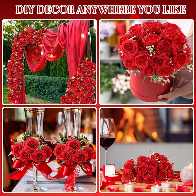 Geosar 16 Bundles Artificial Peonies Flowers Fake Silk Peony Bouquet Faux Peonies Flowers Bulk for Decoration Vase Floral Arrangements Wedding Party Table (Bright Red)