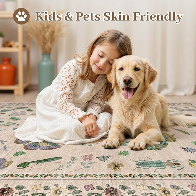4ft Washable Round Rug - Bug Rugs for Living Room Non-Slip Low Pile Soft Ultra-Thin Machine Washable Circle Carpet for Bedroom, Entryway, Nursery, Kitchen, Home Office (4' Round Beige)