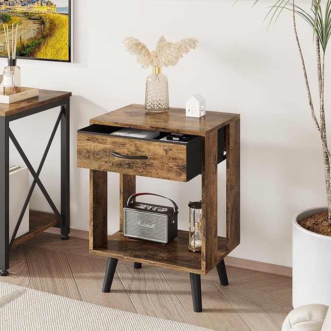 GYIIYUO Nightstand Set of 2 with Fabric Drawers and Open Shelves - Rustic Bedroom Side Tables