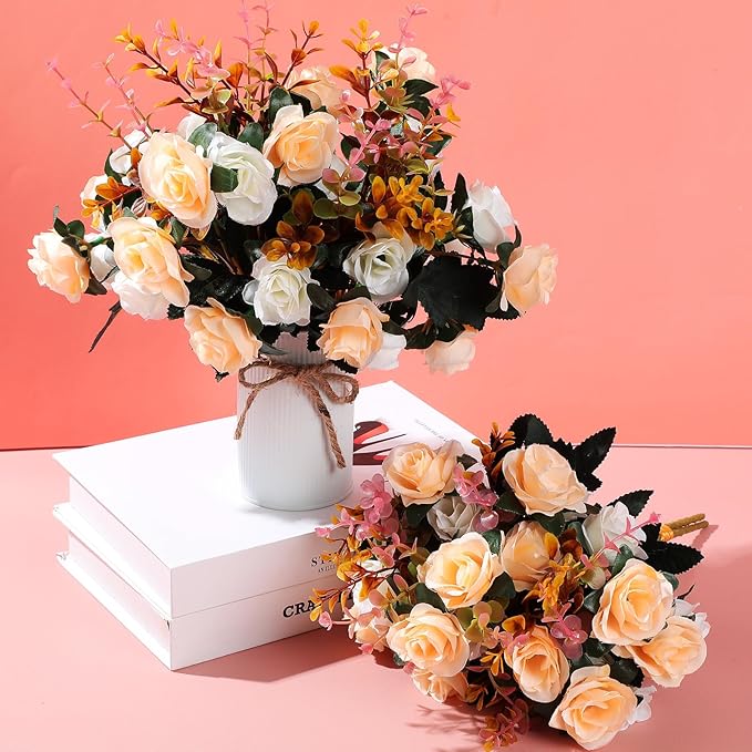 Hotop 12 Bunches of Artificial Flowers Centerpiece 13 Inches Silk Faux Roses Bouquets for Table Decoration Realistic Bouquet Arrangement Boho Faux Flowers for Wedding (Champagne)